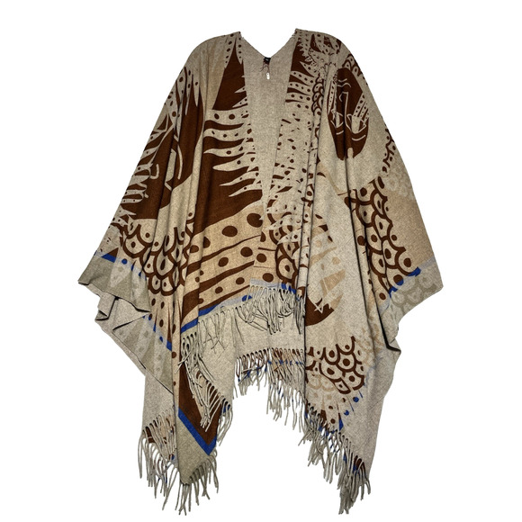 100% Wool Knit Shawl Cardigan Wrap Open Beige Fringed Bohemian Made in Italy - Picture 1 of 13